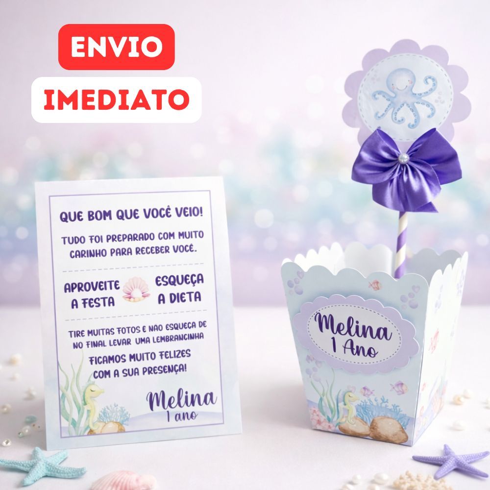 Kit Centro de mesa e Plaquinha Fundo do Mar | Personalizado | Enfeite Cachepô | Decoração