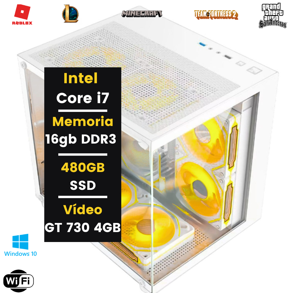 Computador CPU Gamer Intel Core i7 3770 3ªGeração, Ram 16GB DDR3, SSD 480GB, Placa de vídeo GT730 4GB
