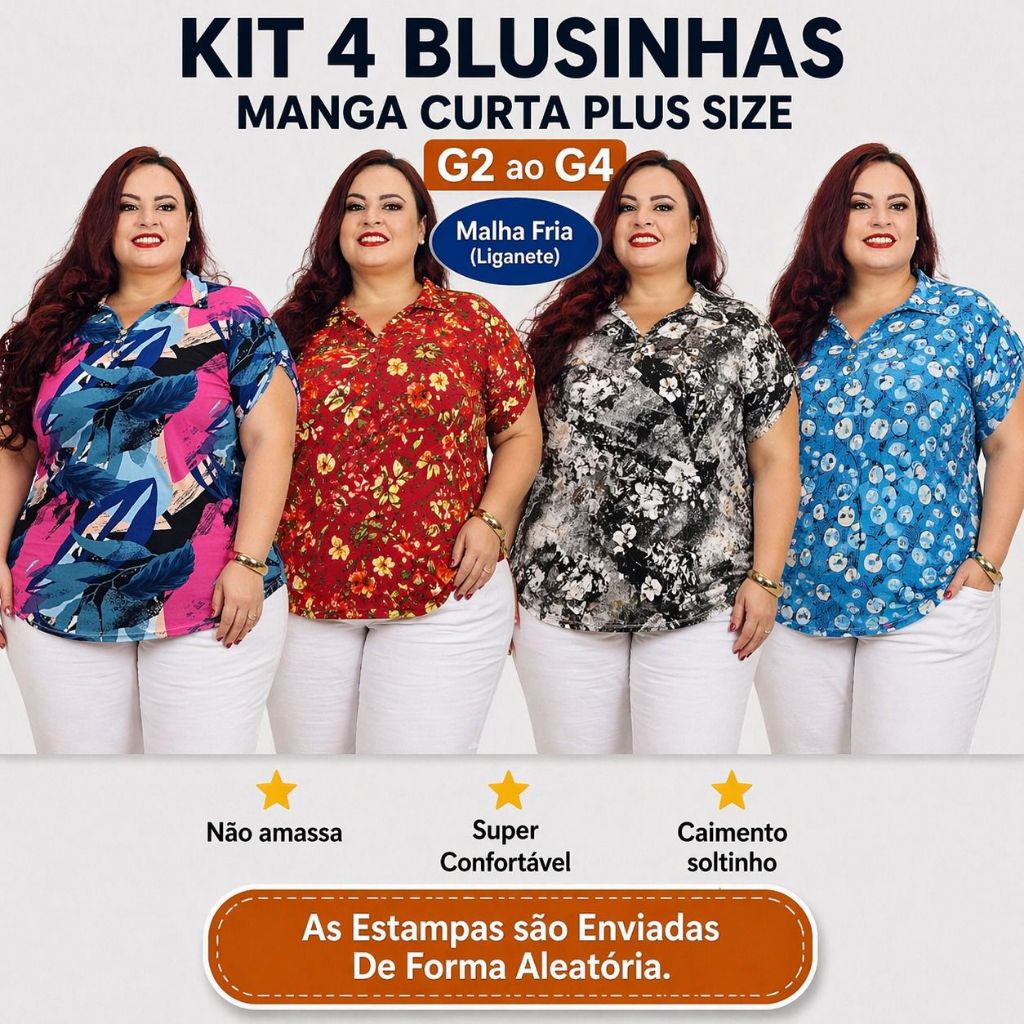 Kit 4 Camisas Polo Plus Size Feminina G2 G3 G4 Malha Fria Não Amassa Confortável Promoção Envio Rápido