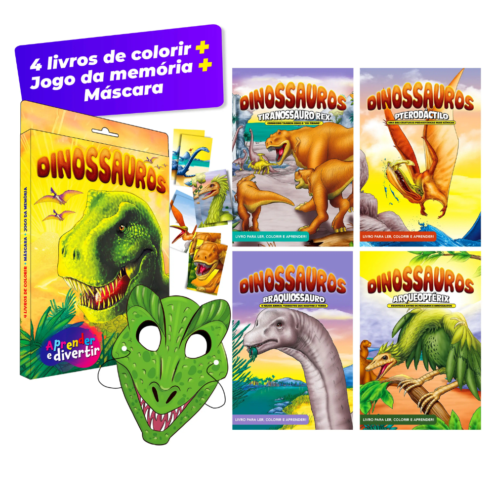 Kit 4 Livros Aprender e Divertir Dinossauros + Jogo da Memória + Máscara