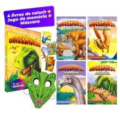 Kit 4 Livros Aprender e Divertir Dinossauros + Jogo da Memória + Máscara
