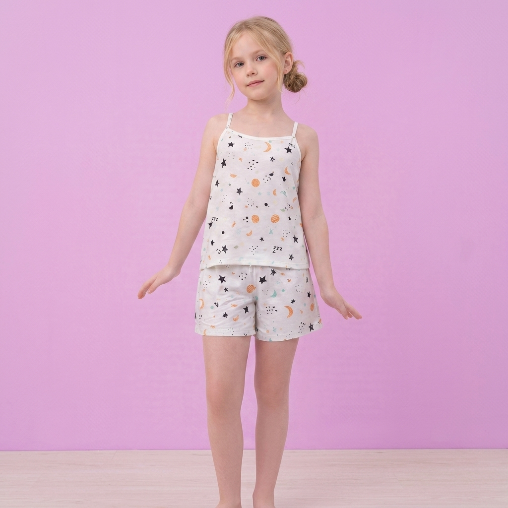 Conjunto Pijama Infantil Alcinha Short Baby Doll Menina Roupa de Dormir Verão Estampado Malha PV 1 a 12 Anos