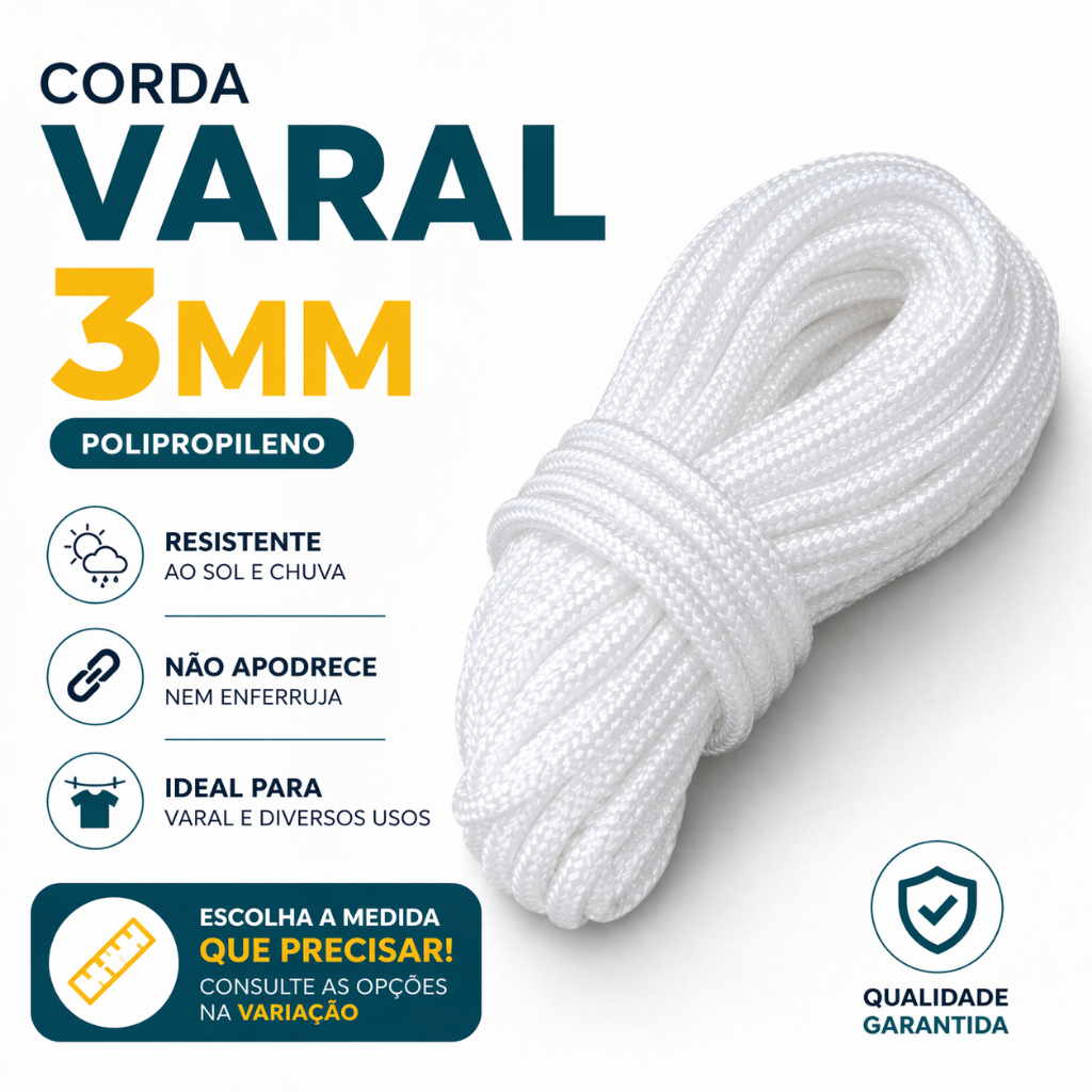 Corda P/ Varal 10/ 20 / 30/ 40/ 50 metros - Varal de Teto Quintal Apartamento 3mm
