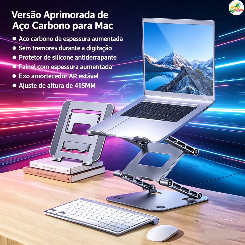 suporte notebook 3 níveis giratório 360° dobrável ferro ajustável ergonômico antiderrapante portátil resistente