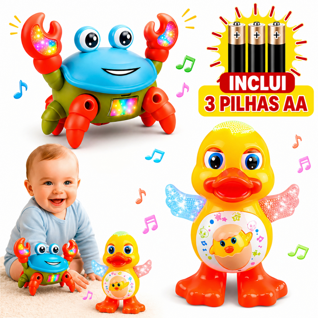 Pato Dançante + Caranguejo Fujão Conjunto PILHAS Brinquedo Patinho Musical Luz Movimento Infantil