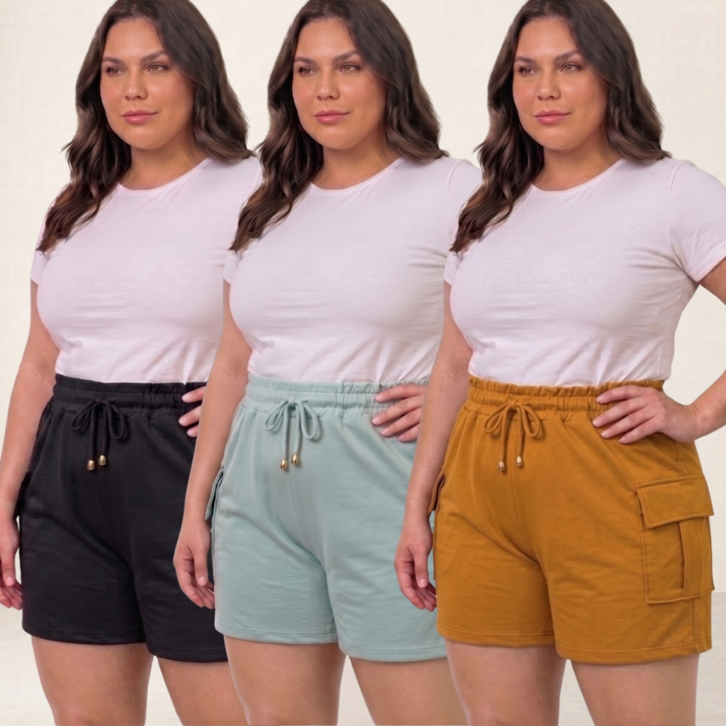 Kit 3 Shorts Cargo Premium Feminino Moletinho Plus Size G1 G2 G3 Direto da Fábrica