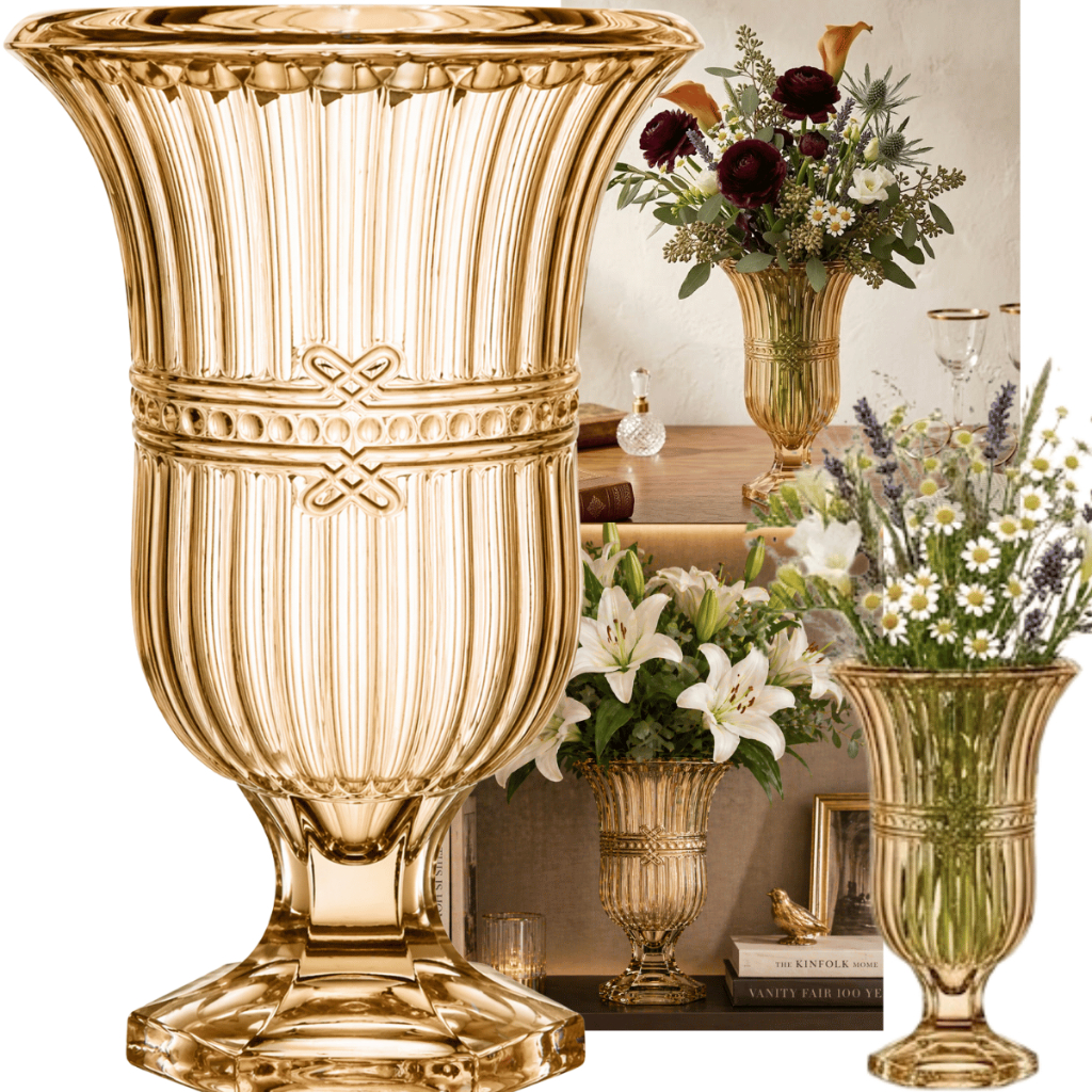 Vaso Decorativo Vidro Âmbar Alto Com Base Pedestal Elegante Centro Mesa Sala Aparador Sofisticado