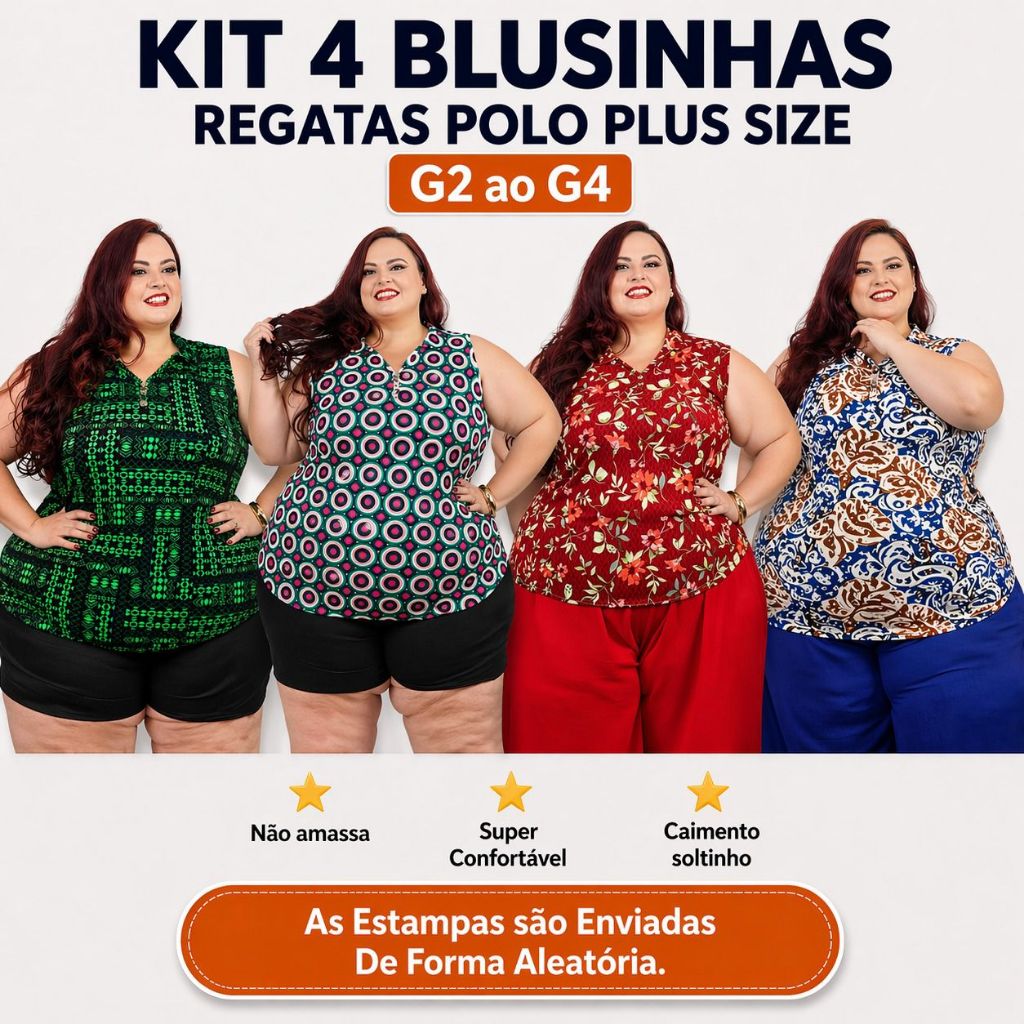 Kit 4 Regatas Plus Size Feminina G2 G3 G4 Malha Fria Não Amassa ⭐ Mais Vendida 🔥 Últimas Peças