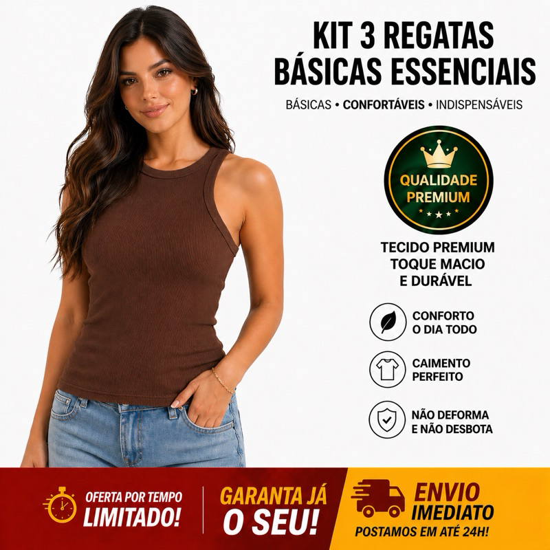 Kit 3 Blusa Regata Feminina Algodão Canelada Básica Premium Casual Confortável Dia a Dia Oferta