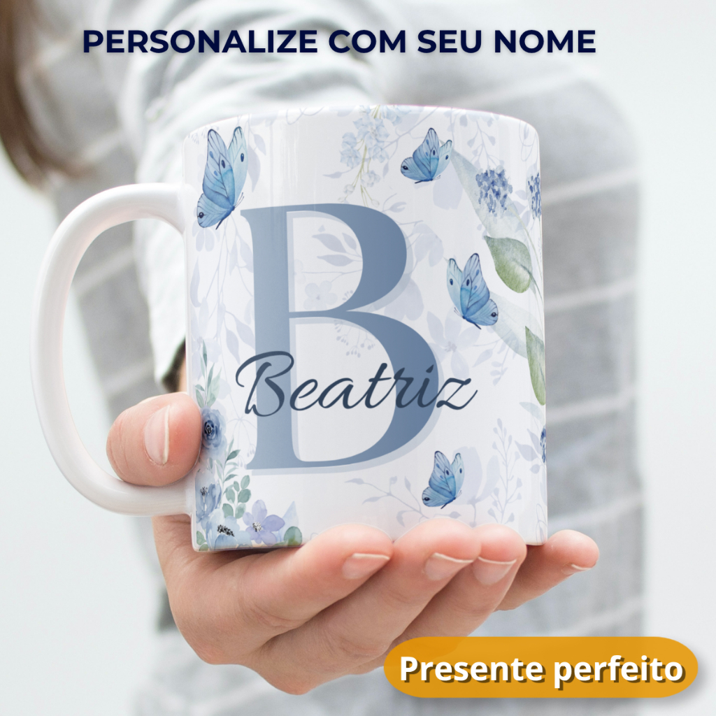 Caneca com Nome Personalizada I Presente Dia das Mães I Feminino Floral Delicado Azul 325ml