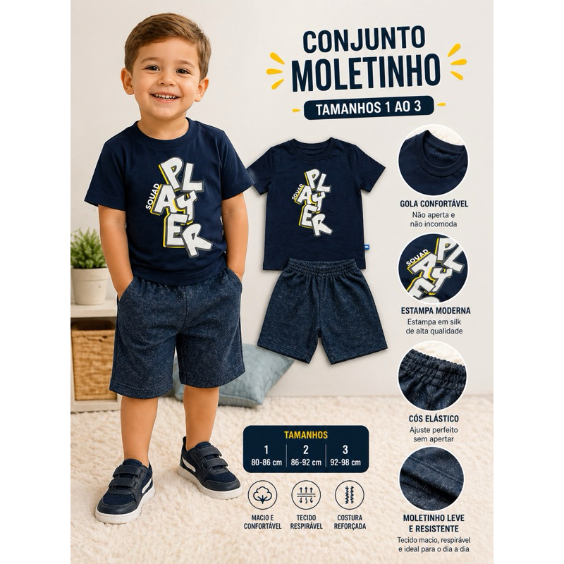 Conjunto infantil masculino moletinho camiseta e bermuda menino TAM 1 ao 3