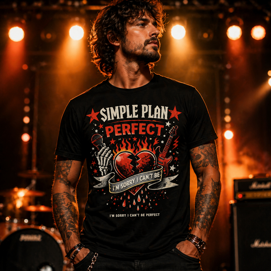 Camiseta Simple Plan Perfect Vintage Punk Rock Masculina Preta Premium