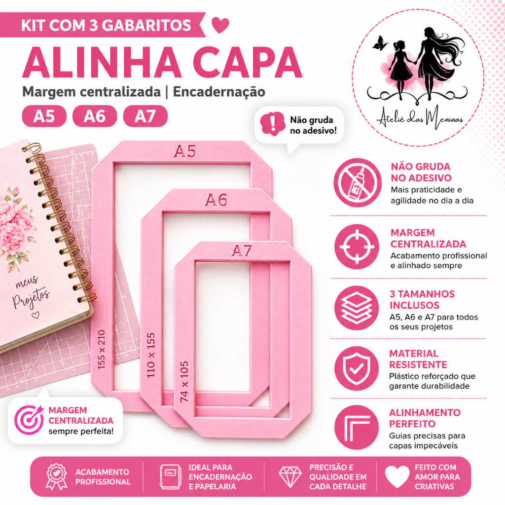 Kit Gabarito Alinha Capa A5 A6 A7 | Margem Centralizada Perfeita | Ferramenta Encadernação Profissional