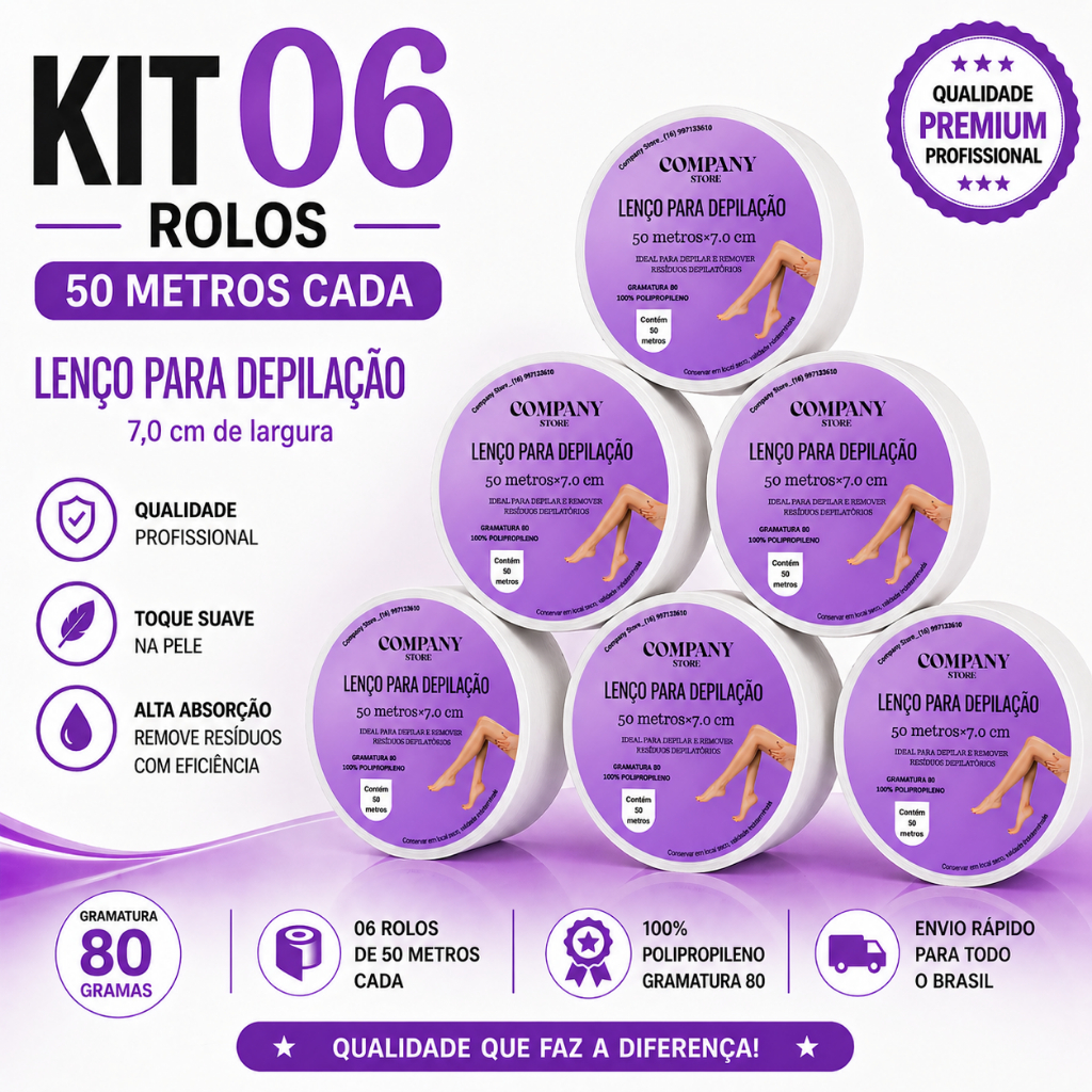 TNT PARA DEPILAÇAO KIT 06 ROLOS, GRAMATURA 80% 7.0 CM, PAPELPARA DEPILAÇAO CERA DEPILATORIA