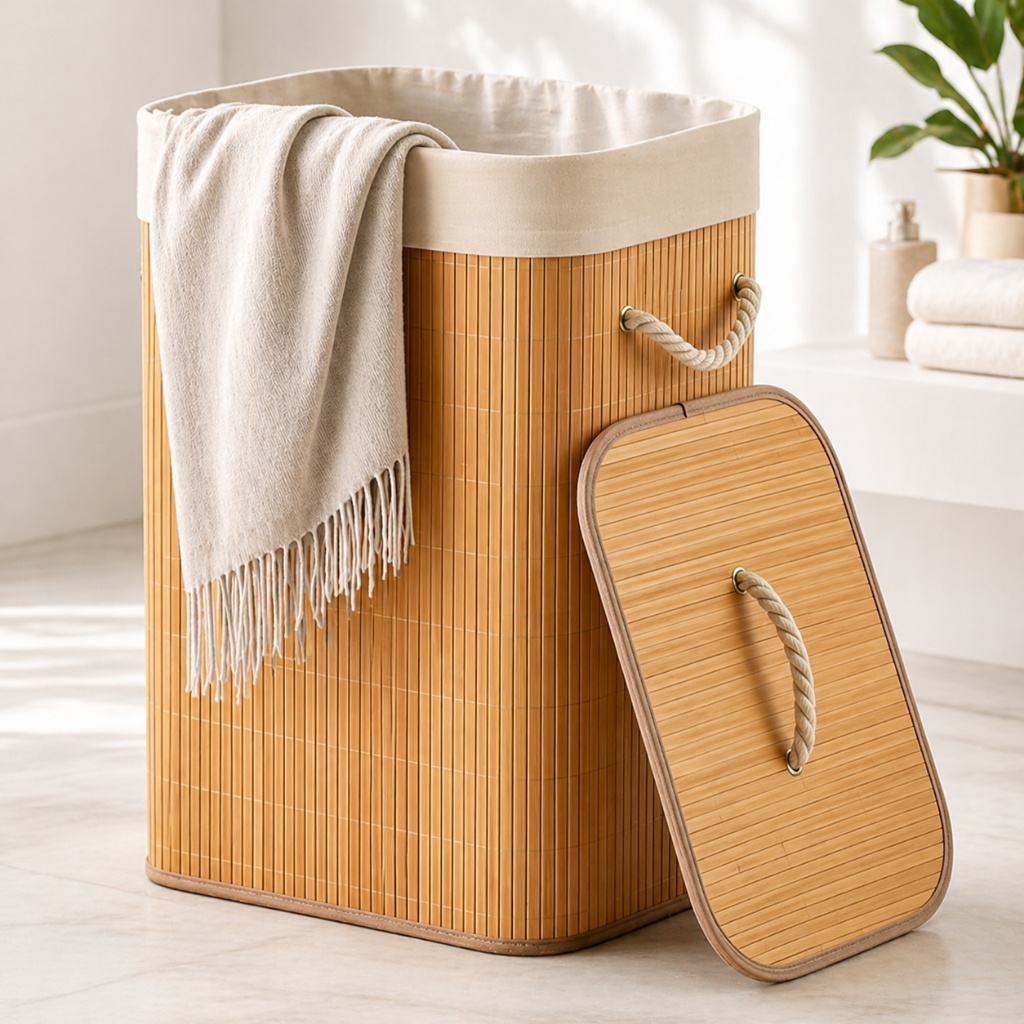 Cesto De Roupa de Bambu Dobravel Organizador Forrado Banheiro 72L Grande Cesto Retangular