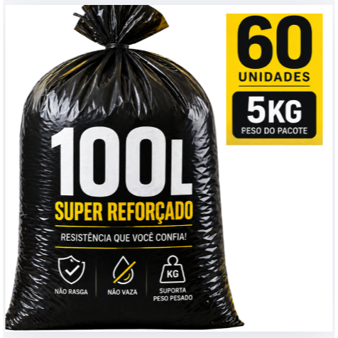 Saco de Lixo 100L Super Reforçado Não Rasga 5KG 60 Unidades Alta Resistência Profissional