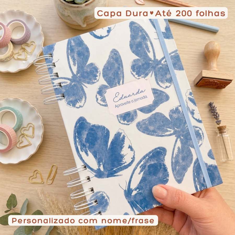 Caderno de Anotações Personalizado Nome na Capa Floral 100 ou 200 Folhas Capa Dura Feminino Borboletas Pautado A5