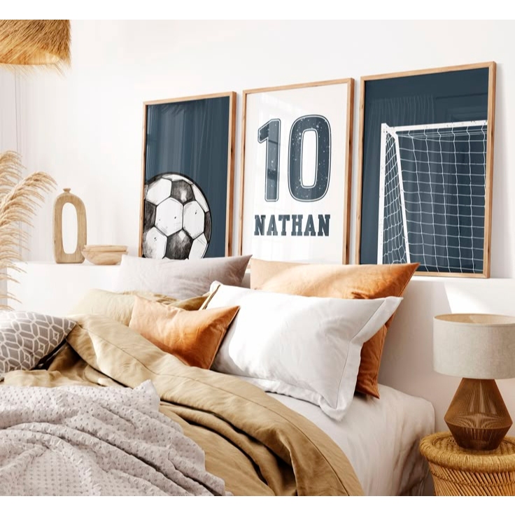 Kit 3 Quadros Decorativos Futebol Infantil Personalizado com Nome – Placas Bola, Camisa 10 e Gol