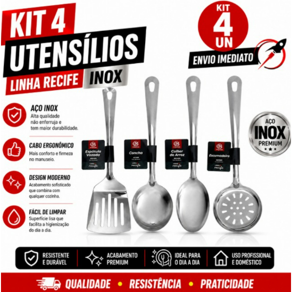 KIT 4 Utensílios Inox Linha Recife Profissional Cozinha Espátula Concha Colher Escumadeira Qualidade