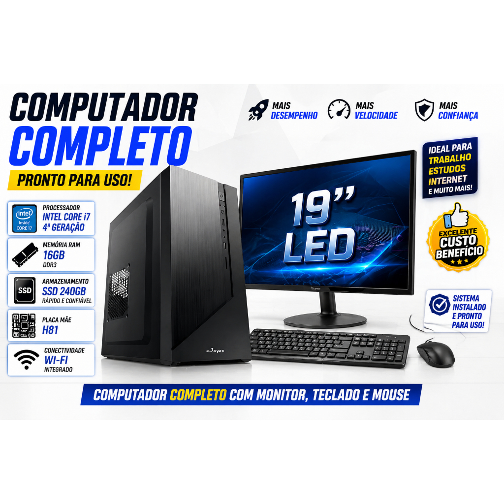 COMPUTADOR COMPLETO INTEL CORE 4ª I7 GERAÇÃO H81 16GB RAM SSD 240GB MONITOR 19'' WIFI