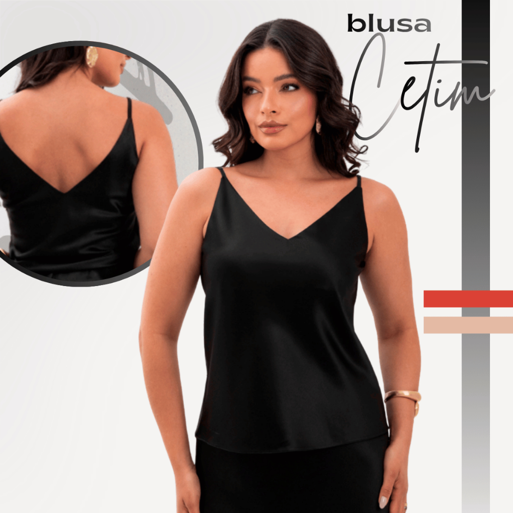 Blusa Feminina de Cetim Alça Fina Decote V Elegante Costas Abertas Casual Chic