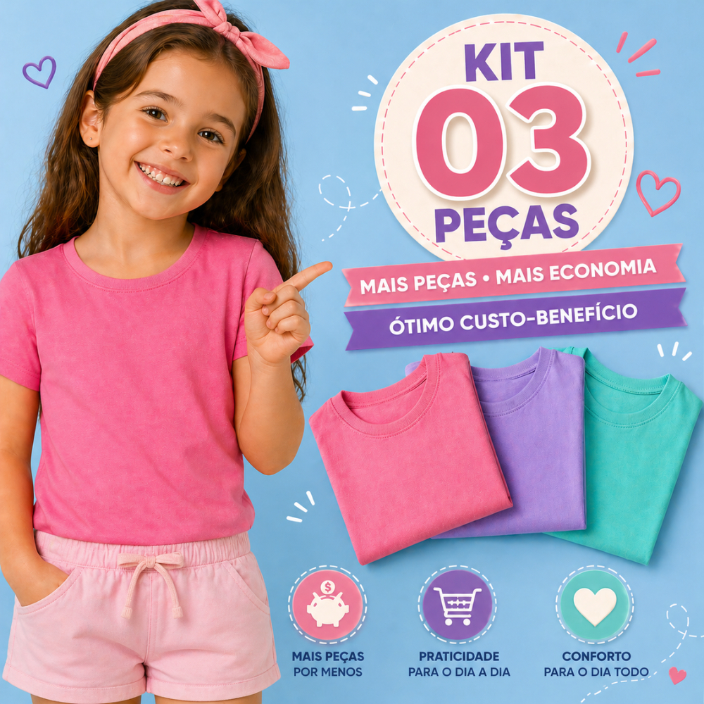 Kit 03 Blusa Infantil Menina Confortável Fresquinha Camiseta Feminina Perfeita para o dia a dia da Criança