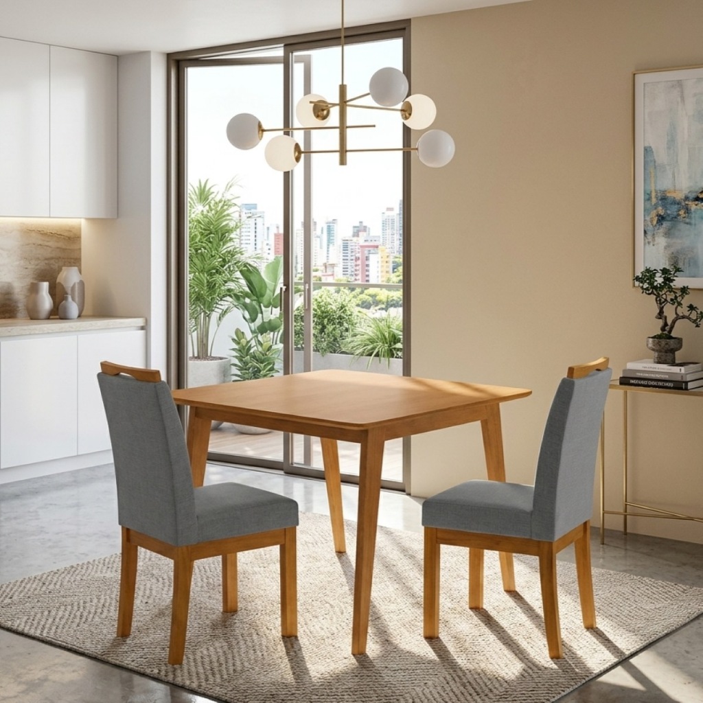 Conjunto Mesa de Jantar 90x90 MDF e 2 Cadeiras Blend Linho 