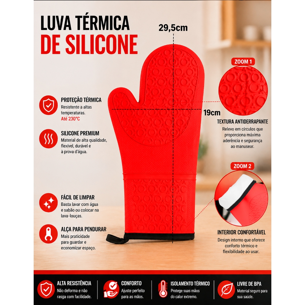 Luva Térmica de Silicone Pegador Panela Quente Forno Industrial Forrada Cozinha Segurança