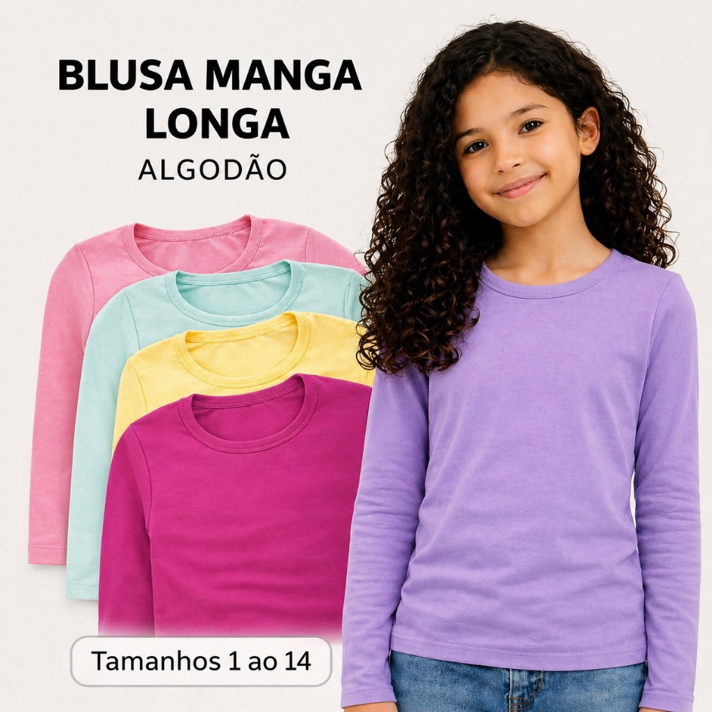 Kit Blusa Manga Longa Infantil Menina, Algodão Tamanhos 2 ao 14.