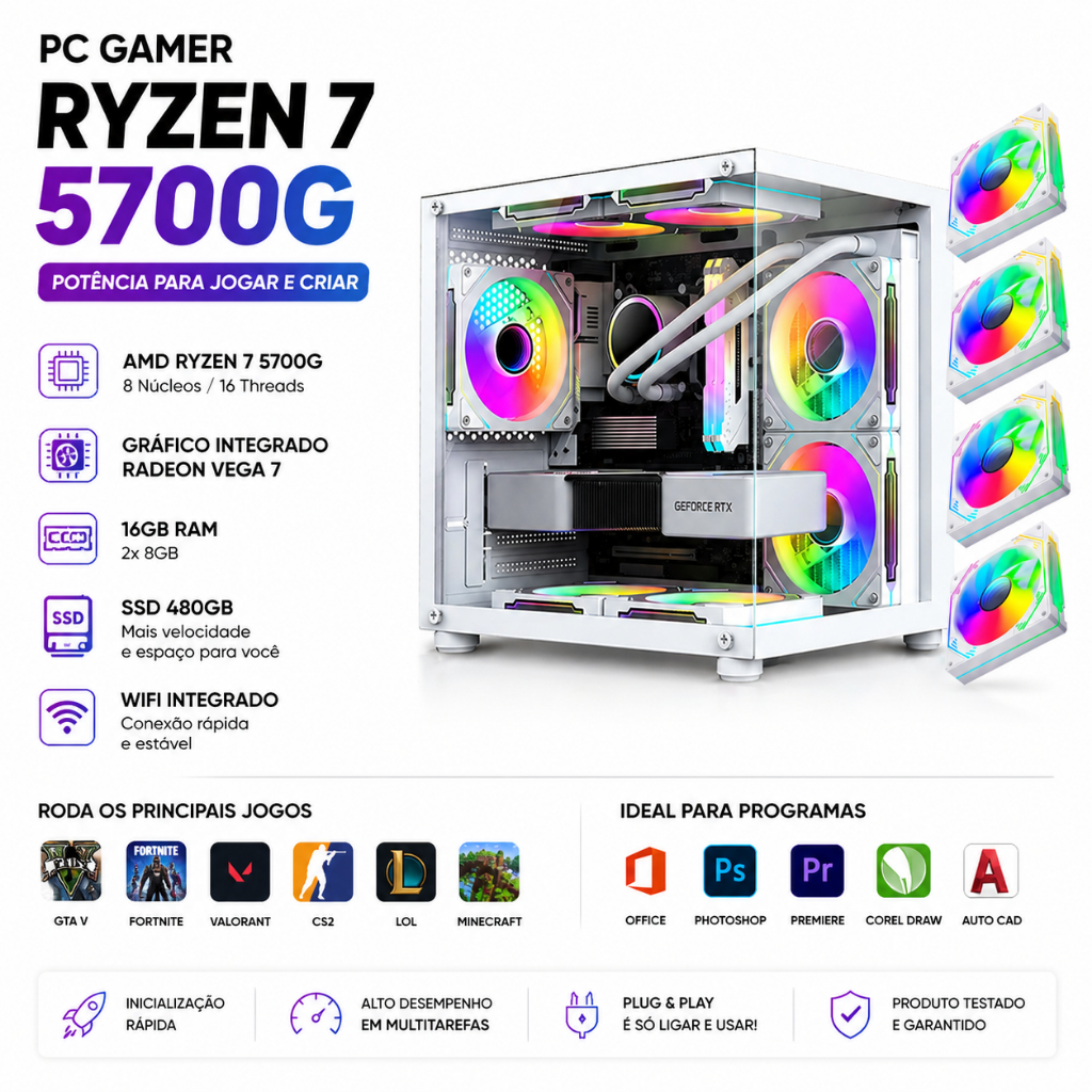 PC GAMER BRANCA RYZEN 7 5700G 2X 8GB SSD 480GB VEGA 7 WIFI