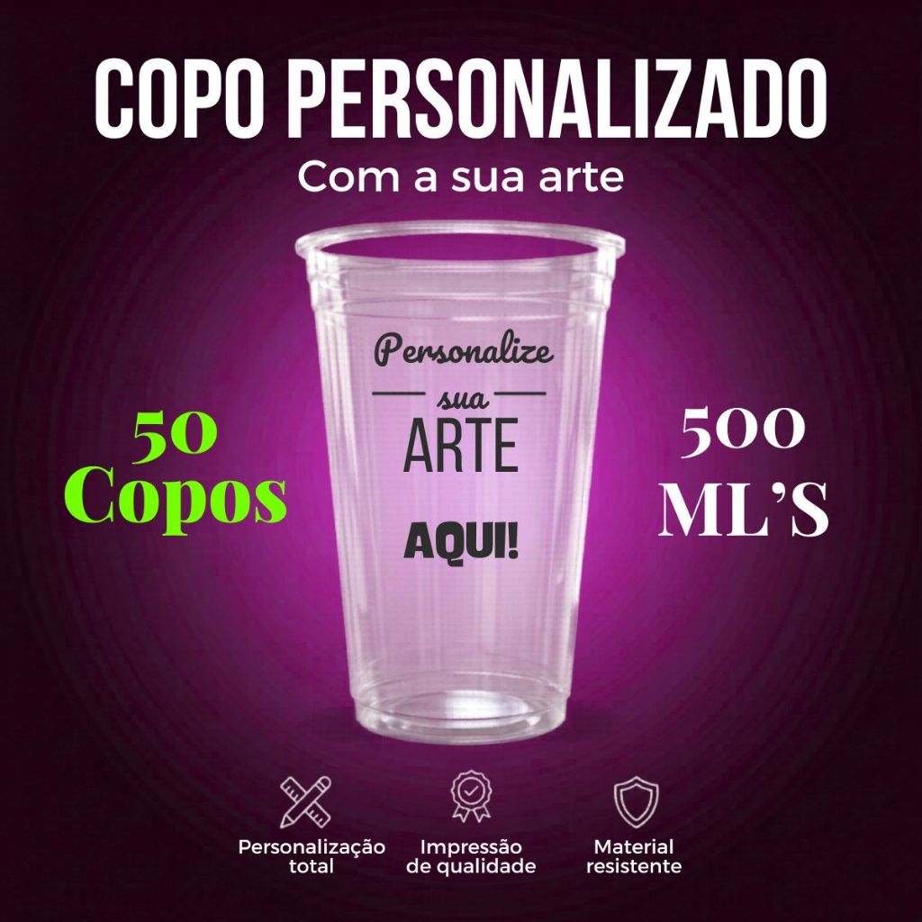 Kit 50 Copos 500ml Descartáveis Personalizados Festa Aniversários Evento