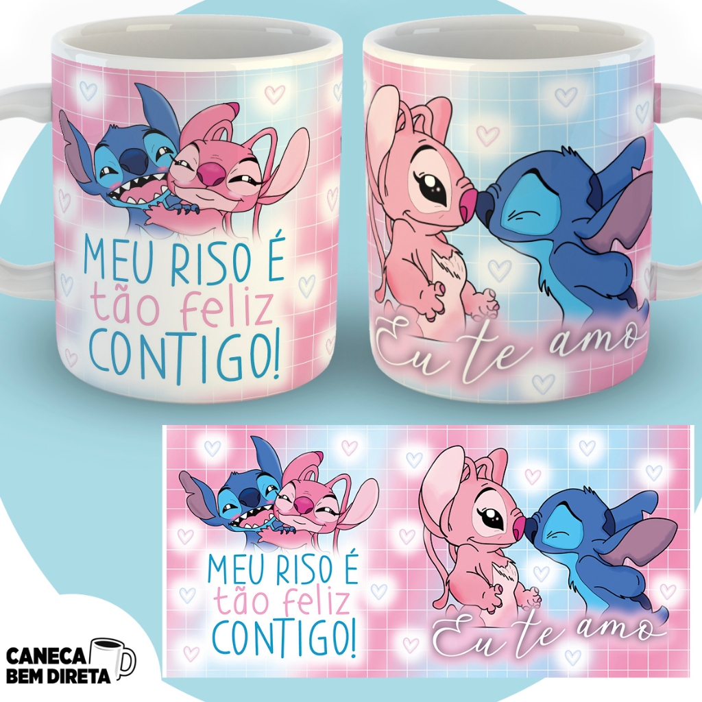 Caneca Casal Stitch e Angel Meu Riso é Tão Feliz Contigo Presente Namorados 325ml