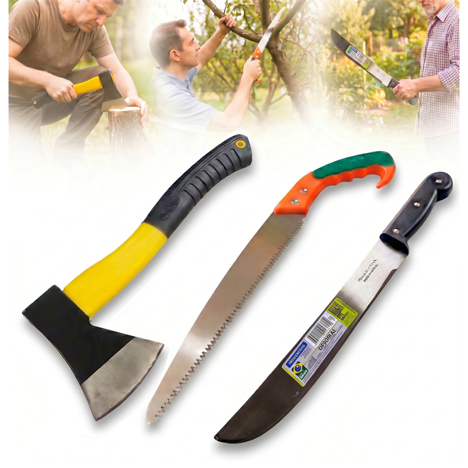 Kit para mato galho cana poda carpinteiro lenha facão Tramontina 12" + machado + serrote