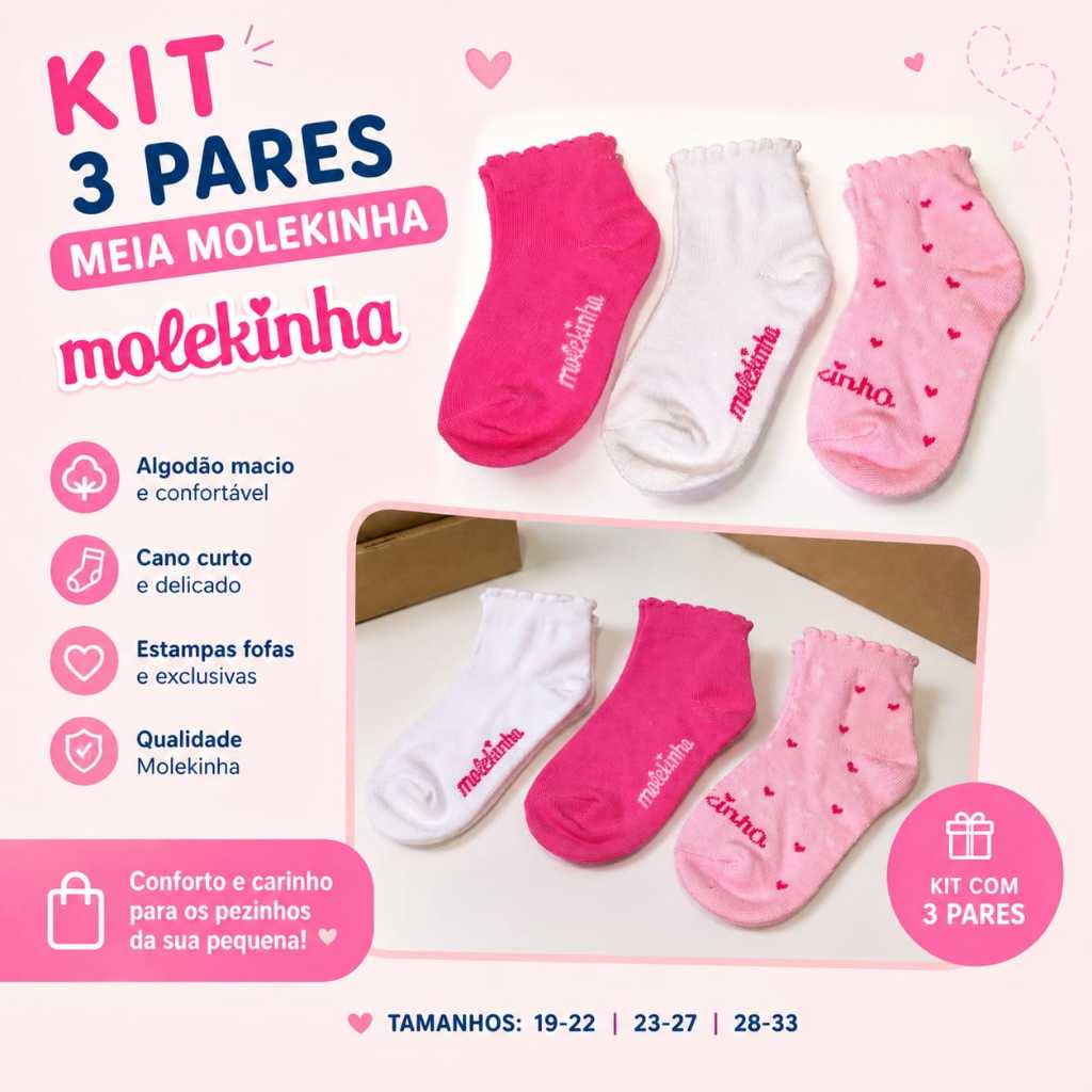 Kit 3 Pares Meia Infantil Feminina Molekinha Algodão Confortável Cano Curto 19 ao 33