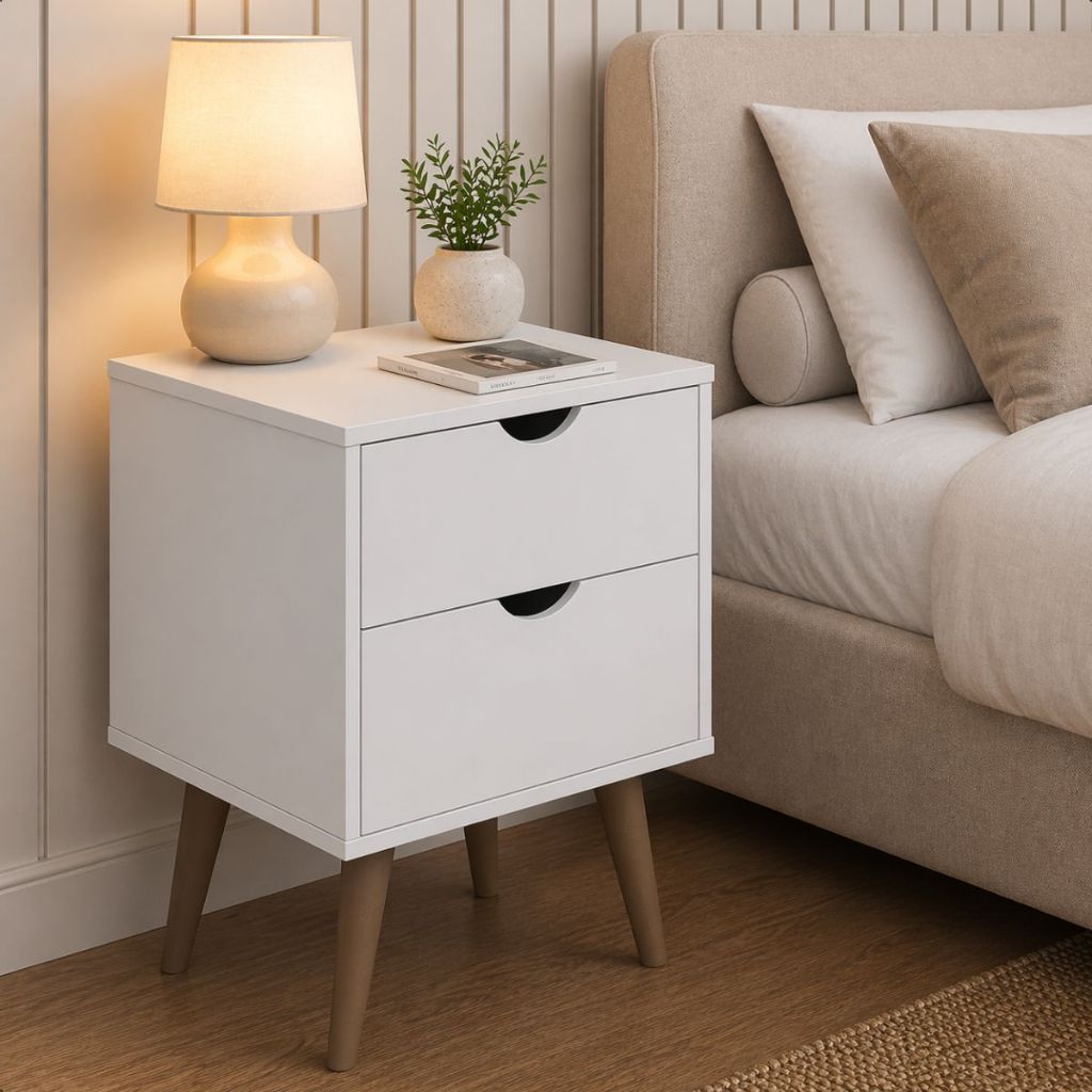 Mesa Cabeceira Madri 2 Gavetas Estilo Retrô Mesinha Lateral Cama Pés Palito - Envio Imediato
