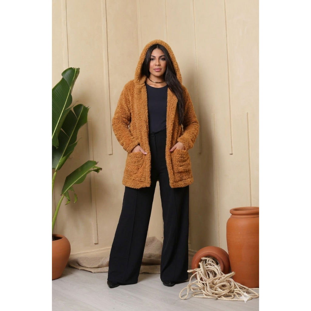 Casaco Feminino Teddy Inverno Sobretudo Com Capuz e Pelinhos Quentinho