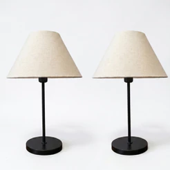 Kit Com 2 Abajures Luminárias De Mesa Cúpula Cônica Em Tecido Algodão Cru Base de Madeira Preto