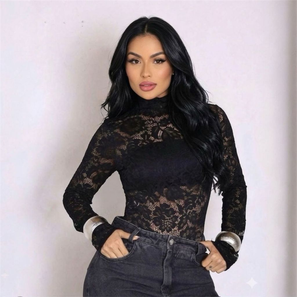 Body de Renda Feminino Manga Longa Gola Alta Elegante Sexy Transparente Bory Tule Rendado Poliamida Floral Inverno
