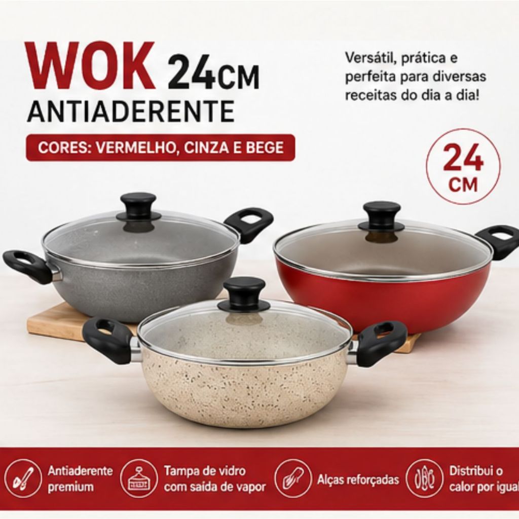 Panela Wok 24cm Antiaderente Tampa Vidro Vermelho Cinza Bege Não Gruda Premium