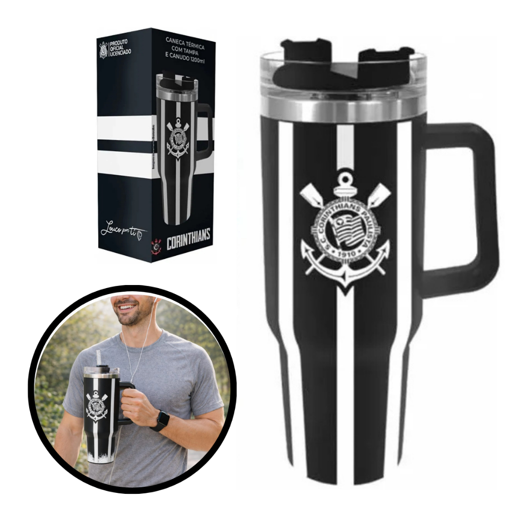 Copo Térmico Corinthians Oficial Licenciado 1200ml Inox com Tampa e Canudo