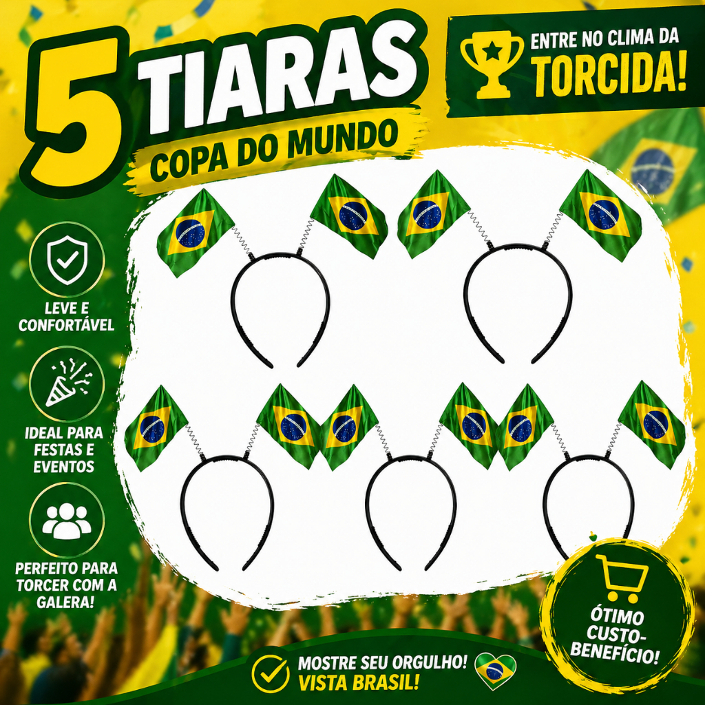 Kit 05 Tiara Arco C/Bandeirinha Cabelo da Copa do Mundo Brasil Festa Torcida Jogo Seleção Brasileira