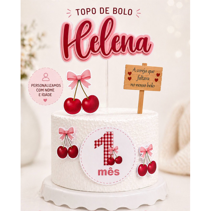 Topo de Bolo Cereja Personalizado com Nome e Idade | Mesversário Aniversário Menina Decoração Festa