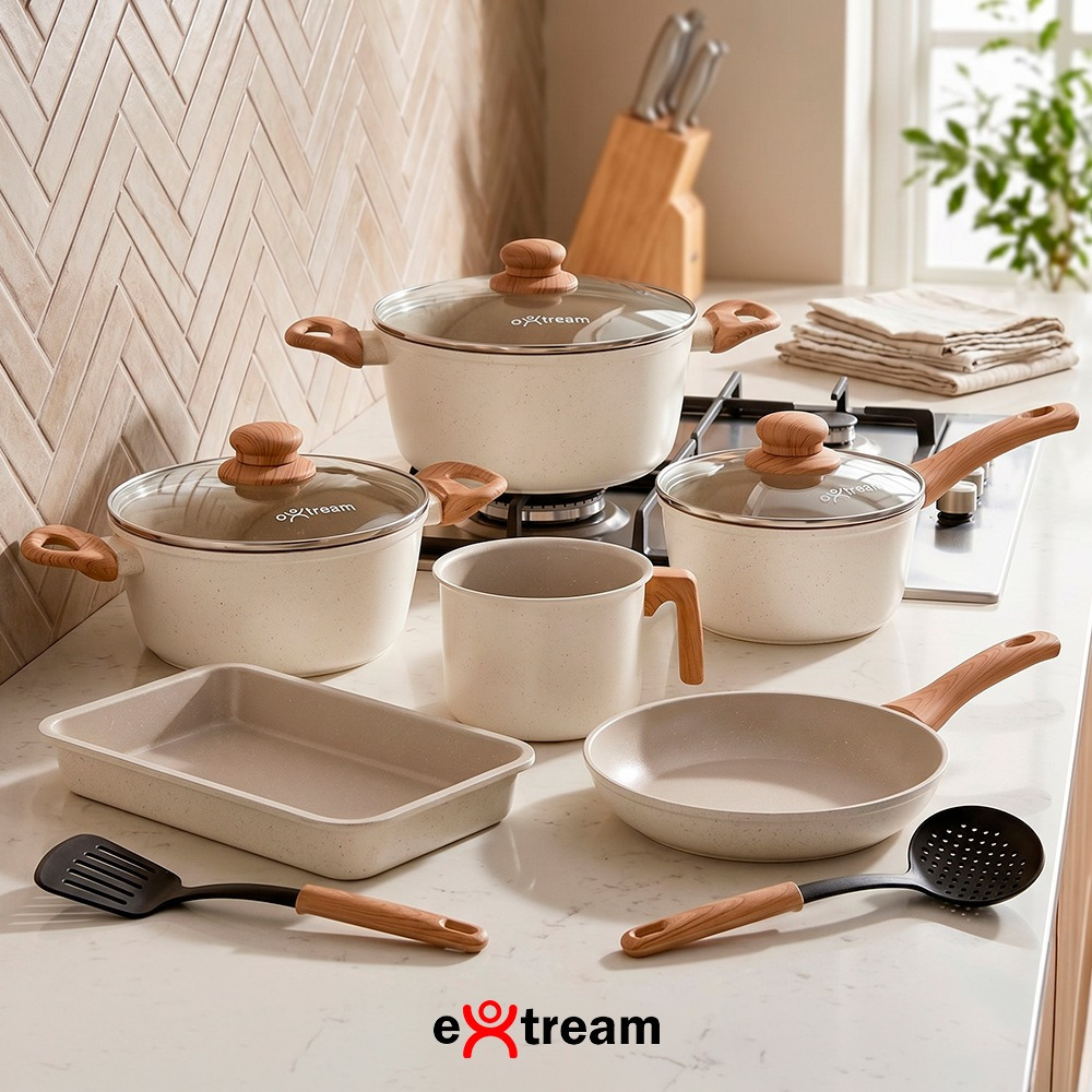 Imagem Jogo de Panelas Revestimento Ceramica Indução 8 peças Extream Kyoto Marmol Light