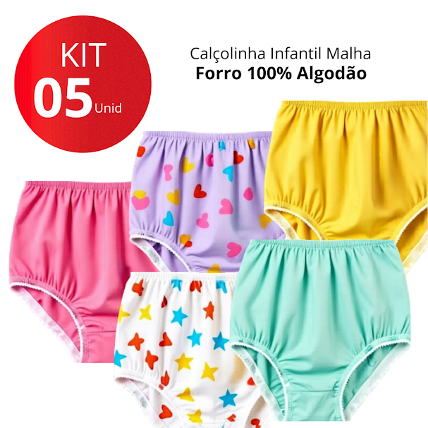 Kit 05 Calcinha Infantil Calçolinha em Malha Forro 100% Algodão Menina Com Estampas e Cores Lisas