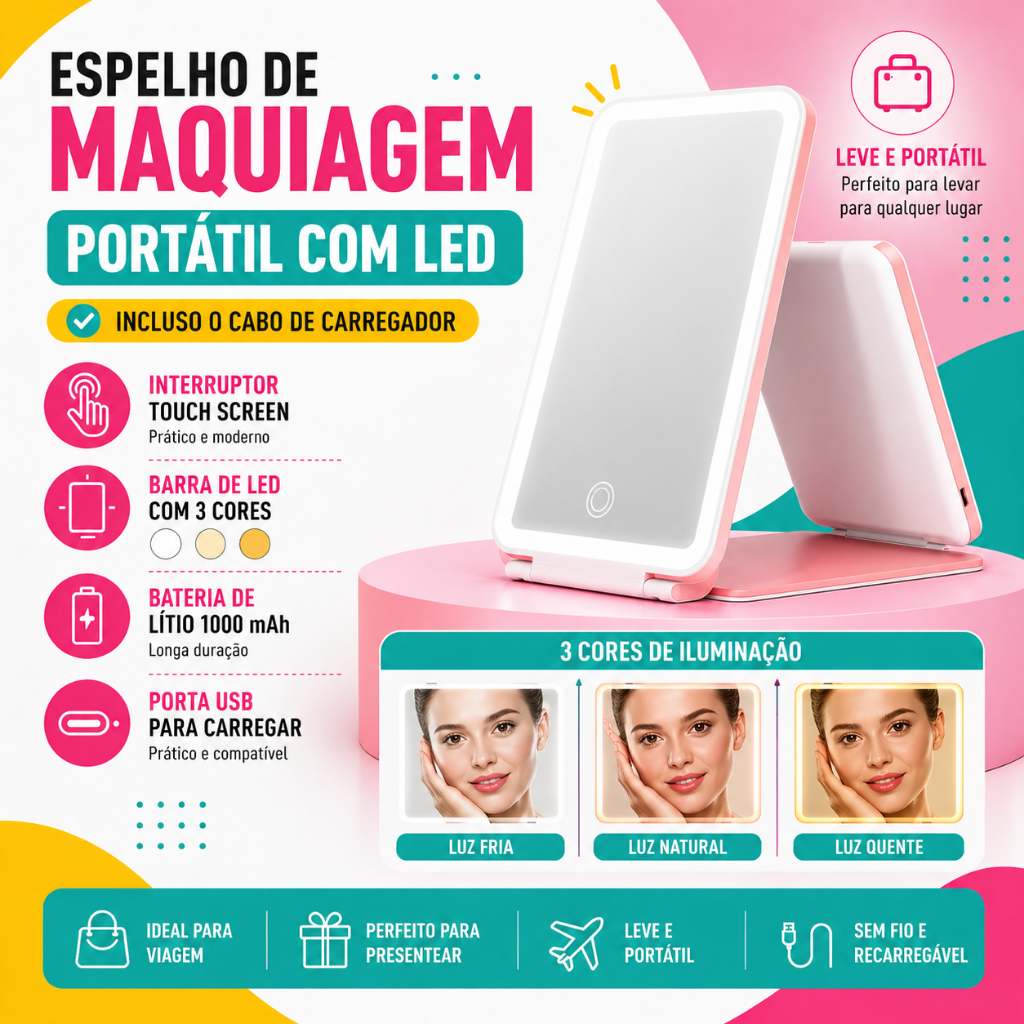 Espelho de LED Portátil Viagem Compacto Maquiagem Mesa Recarregável