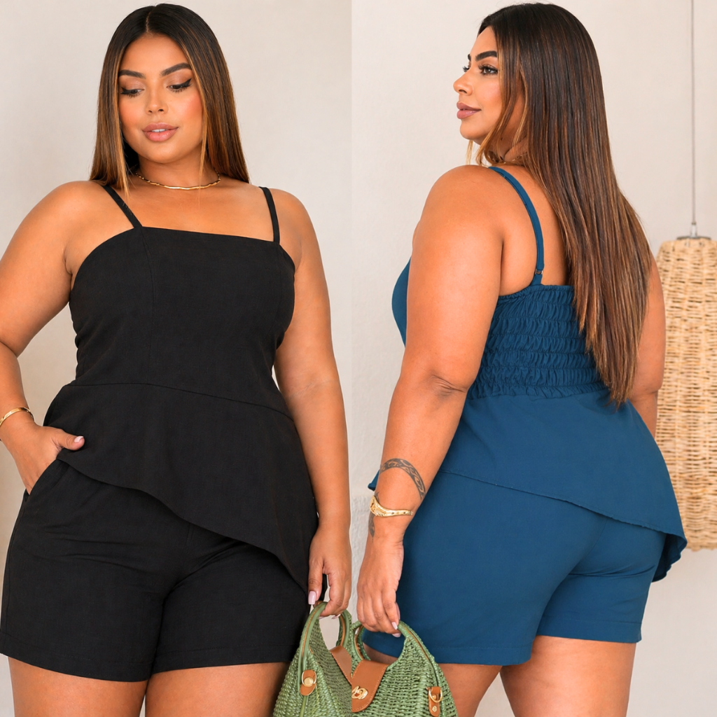 Conjunto Lua Feminino Assimétrico Duna Plus Size Blusa Elástico e Short Curto Blusinha Alças Reguláveis Moda Verão