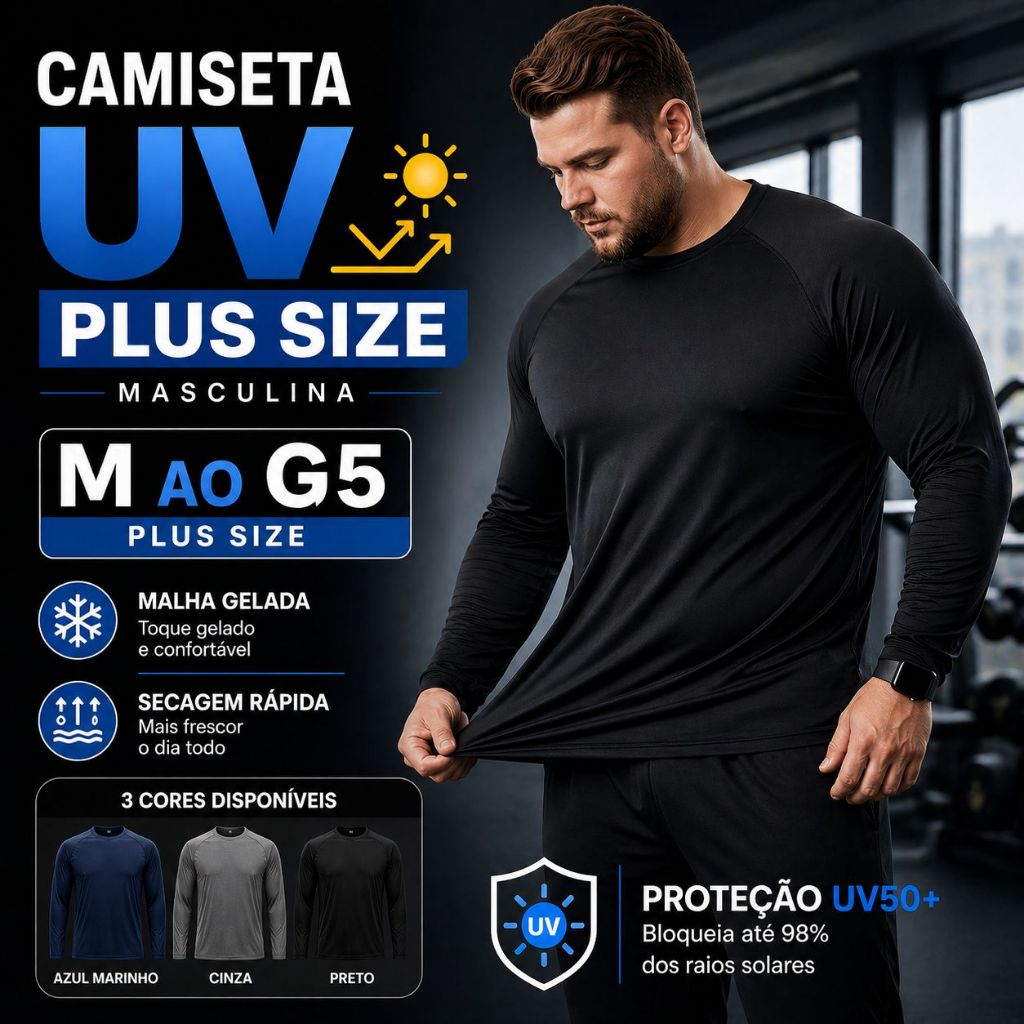 Camisa Plus Size Térmica Proteção Uv 50+ Segunda Pele Malha Fria Masculina