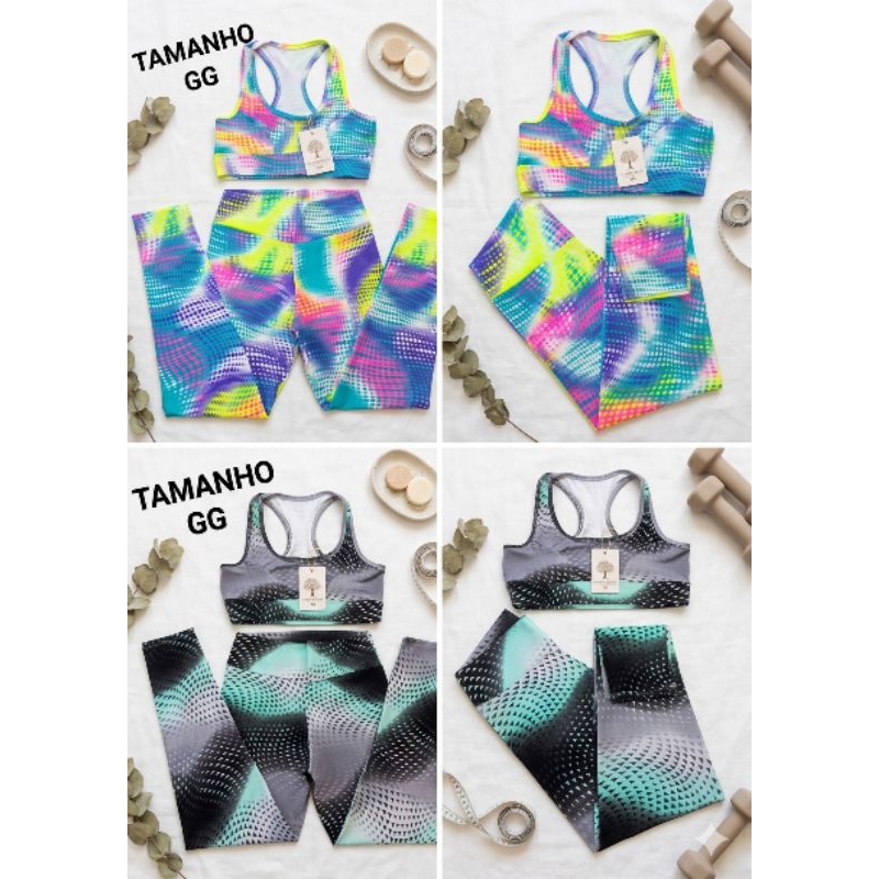 Conjunto Fitness Feminino Estampado Top Sem Bojo + Legging Academia