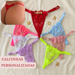 Calcinha Fio Tanga Sensual Frases e Nomes Personalizados Tule Bordado Regulagem Estilosa Divertida G