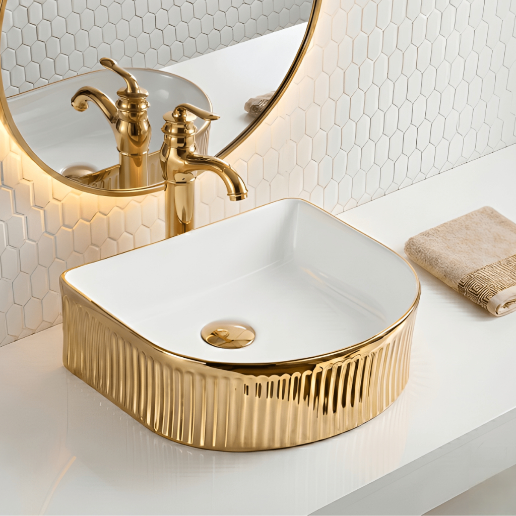 Cuba de Apoio 40x36cm Branco com Dourado Pia Cerâmica de Sobrepor Para Banheiro - Vivaz®